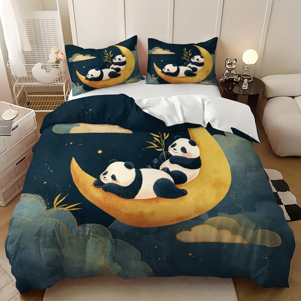 Kreatywna poszewka na kołdrę z motywem pandy, księżyc, 3-częściowa, 155 x 220 cm, mikrofibra, z zamkiem błyskawicznym, przytulna i puszysta, dla dzieci, dziewcząt, dorosłych, z poszewką na poduszkę 80