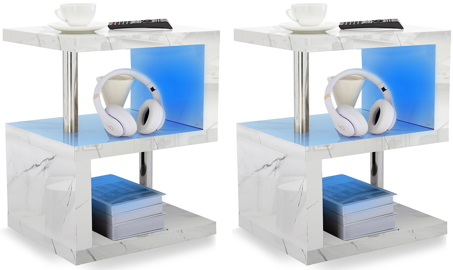 High Gloss Bedside Tables Set of 2 Small Side Table for Bedroom with RGB LED Lights 2 Tier Shelf Nightstand Sofa Side Tables for Living Room End Table for Small Spaces Bedside Table Set