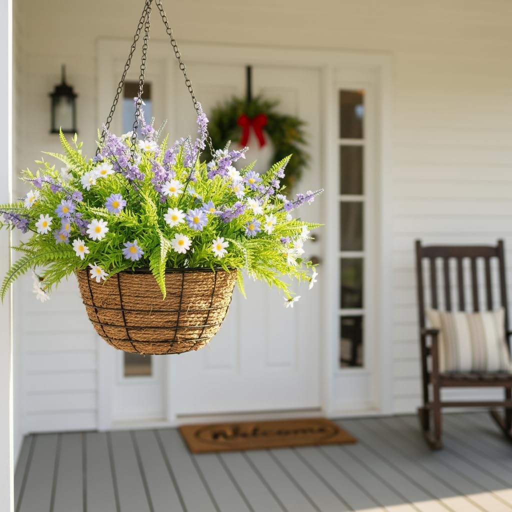 18 Bundles Artificial Flowers for Outdoors, UV Resistant Fake Purple Lavender and White Daisies, Plastic Faux Plants for Outside Window Box Hanging Planter Garden Porch Decor