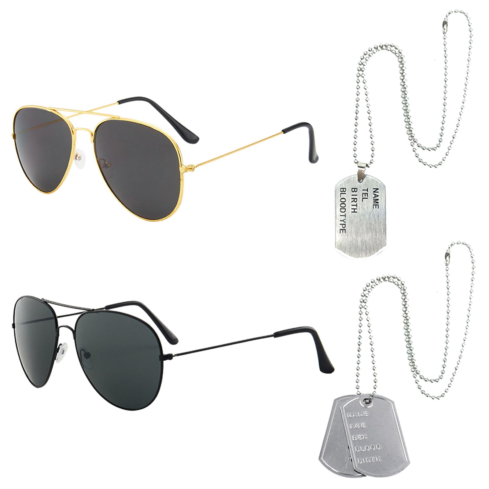 EUPSIIU 4 Pieces Aviators Glasses Pilot Fancy Dress Sunglasses and Dog Tag Solider Military Cosplay Army Costume Aviators Accessories for Men Women Adults Cosplay Dress up Party Theme Halloween (Army)