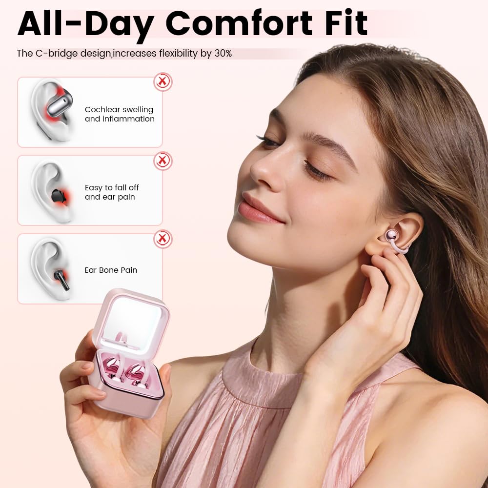 Cuffie auricolari a clip con specchio per il trucco, auricolari aperti senza fili Bluetooth, sicuri e non cadono, durata della batteria ultra lunga, per telefoni Android/iOS (oro rosa)