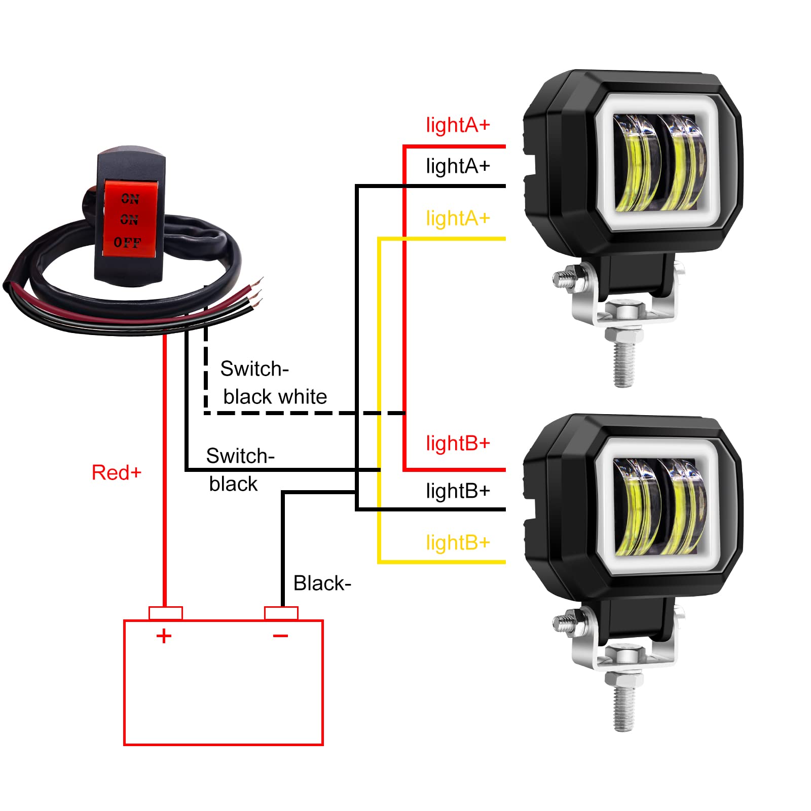 Biqing 2PCS Feux Additionnels Moto avec Vert Angel Eye,Carré de 3 Pouces 20W Phare LED Moto Avant 12V/24V Phare de Travail Brouillard Feux de Jour de Motos DRL Avec Interrupteur 22mm