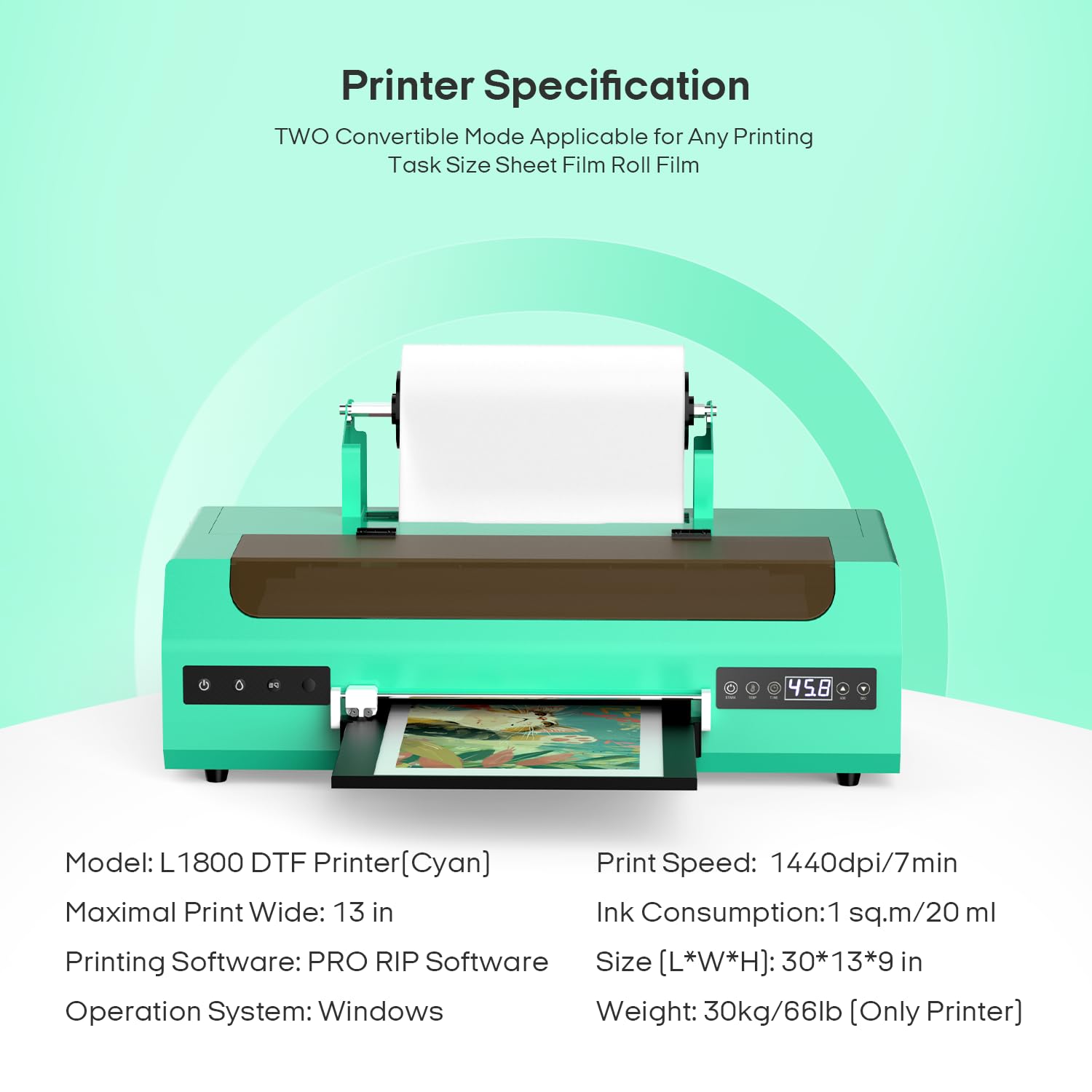 A3 L1800 DTF Printer for T-Shirt Printing, 13" Max Print Width, White Ink Circulation, Roll and Single Sheet Feeding System for Making Custom Garments and Hoodies, DTF Transfer Printer Machine