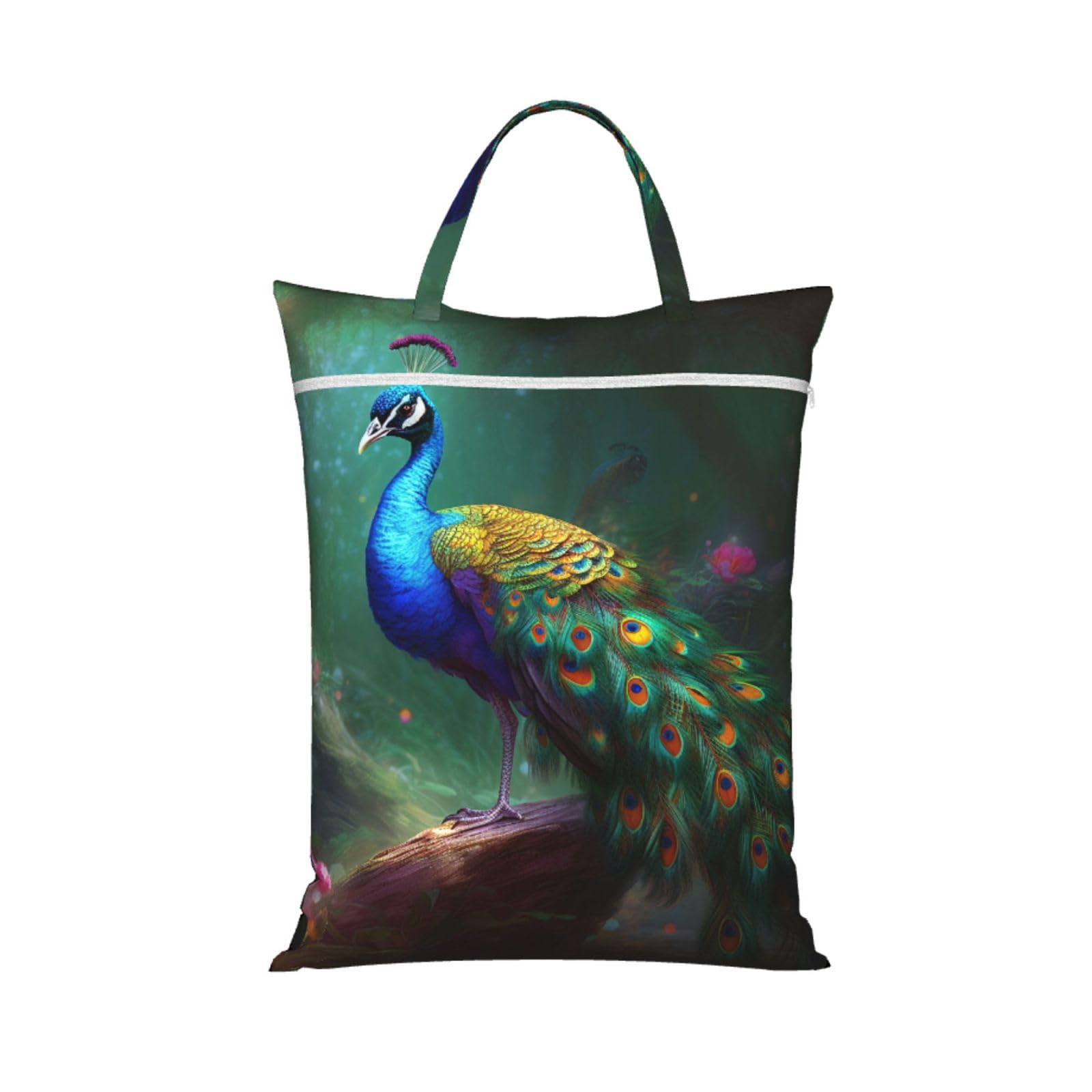 Large Travel Laundry Bags,Colorful Peacock Print with Handle Foldable Laundry Bag for Holidays Gym Swimming and Family Trips, 1Pcs