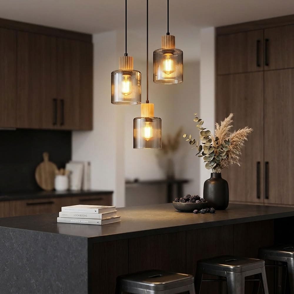 LED Pendelleuchte Hängelampe Esszimmerlampe 3-flammig Schwarz Holz H 120 cm