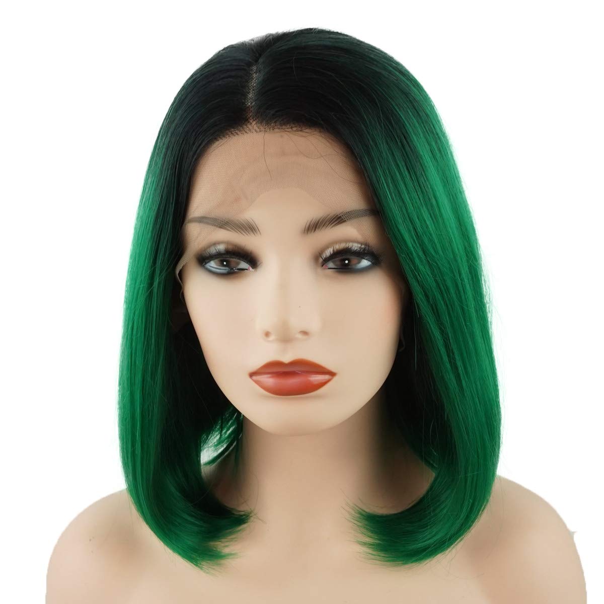 Hair Straight Short 12inch Dark Root Green Ombre Heavy Density Realistic Heat Resistant Synthetic Lace Front Wig