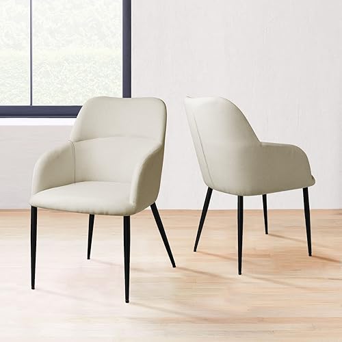 KithKasa Juego de 2 sillas de comedor modernas con brazo de tela beige, sillas de cocina, invitados de club con patas de metal negro para comedor y