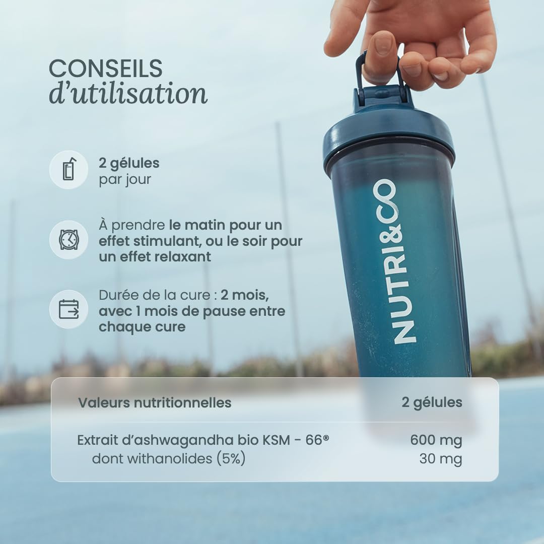 NUTRI & CO Ashwagandha BIO KSM-66® Breveté - Extra Fort 1200mg 5% Withanolides - 120 gélules Vegan - Extrait 100% Pur - Fabriqué en France