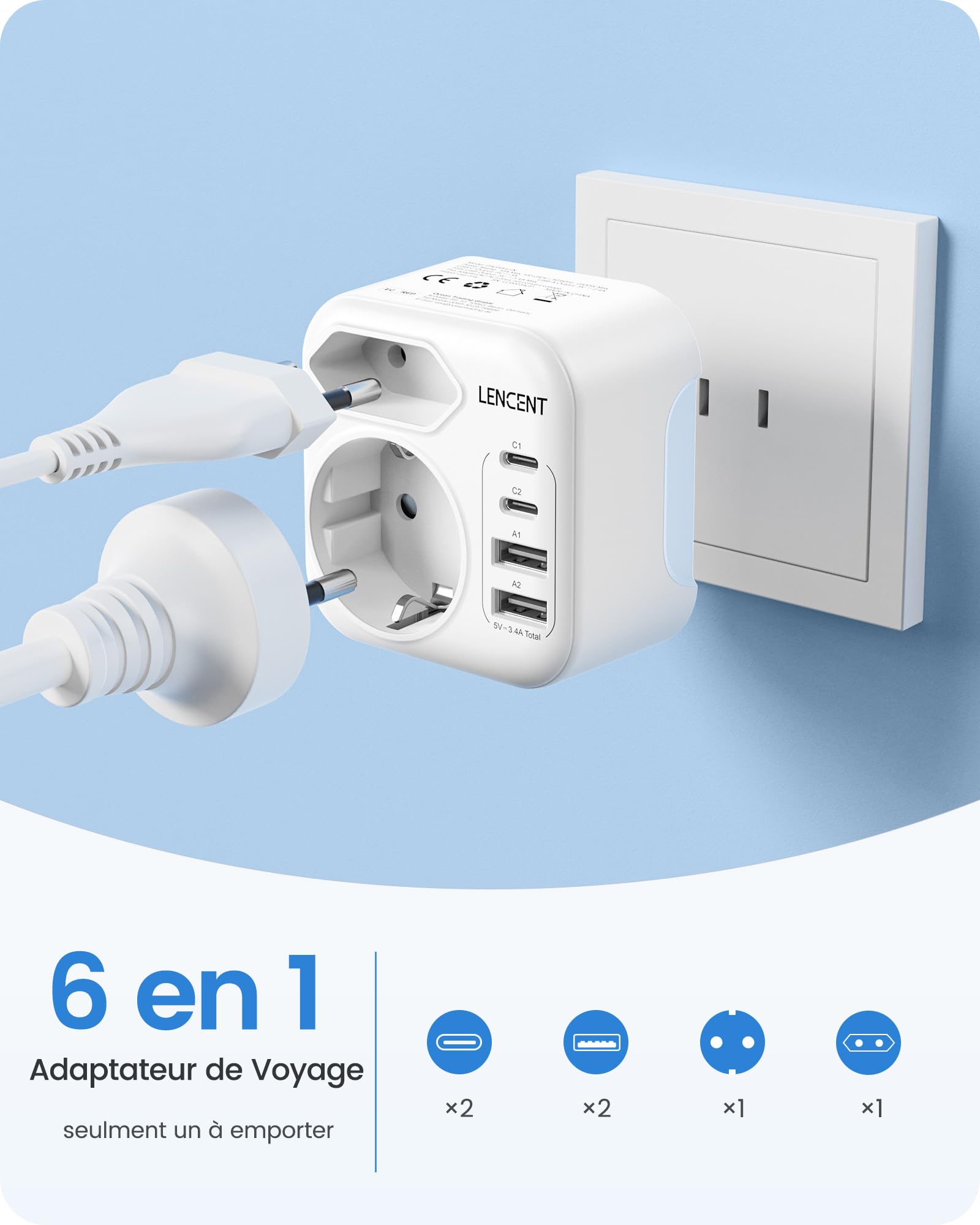 LENCENT Adaptateur de Voyage Japon Adaptateur Prise Type A avec USB-C Prise Pliable pour États-Unis USA Canada Mexique Thaïlande New York