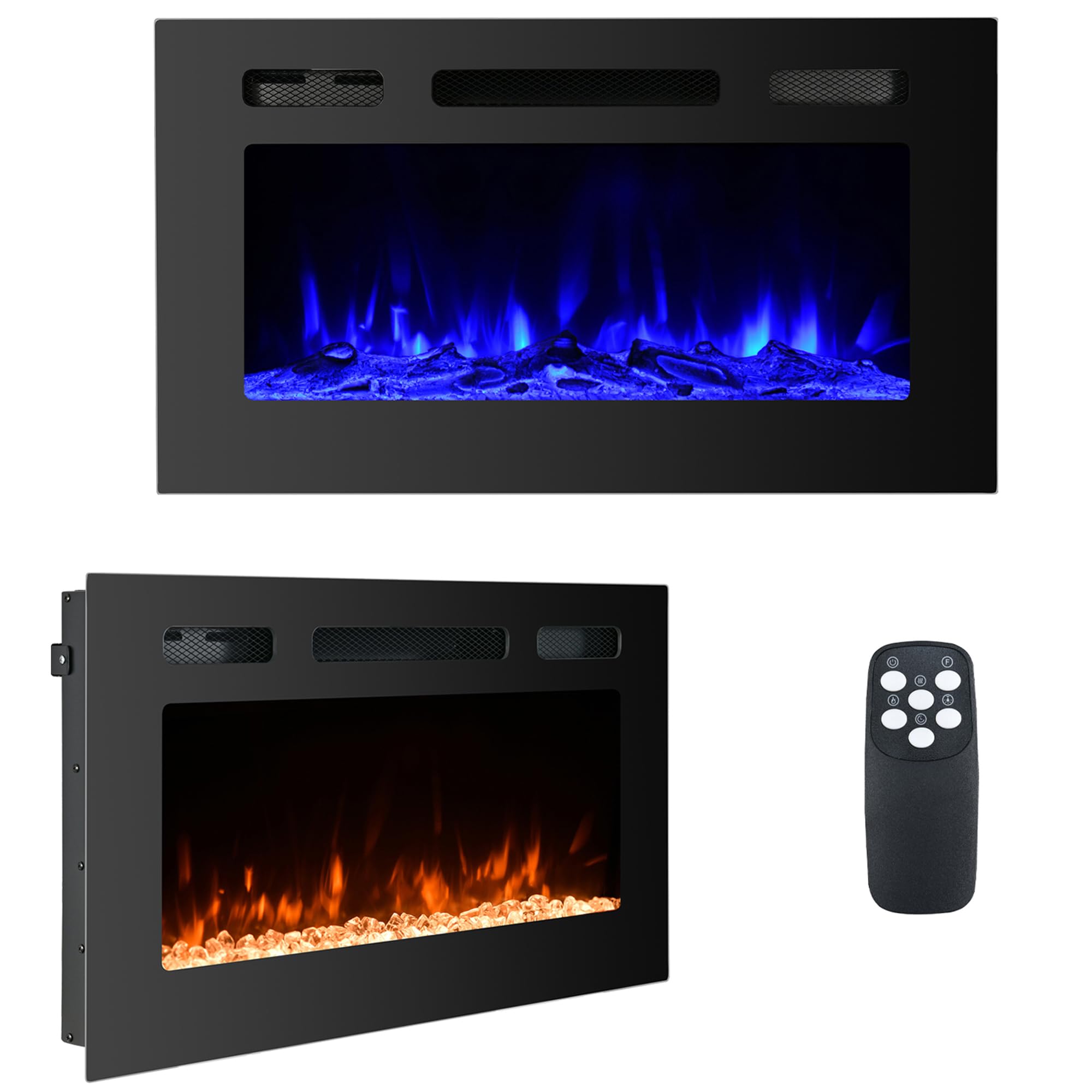 Electric Fireplace Wall Mounted and Recessed 30 Inch LED Fireplace with Remote Control 8h Timer, 12 Flames,Touch Screen, in-Wall Fireplace Heater with Log & Crystal Hearth for Living Room