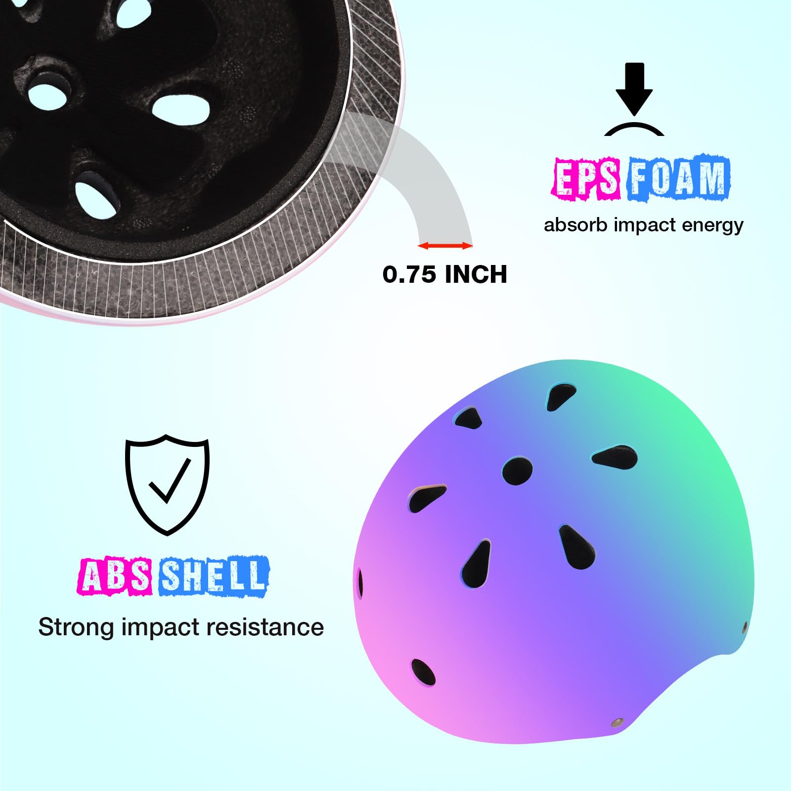 Casco de bicicleta ajustable de color degradado con rodilleras y coderas, casco de patineta para niños pequeños y niñas de 3 a 14 años | Ideal para montar, scooters, patinaje en línea, longboard, 5