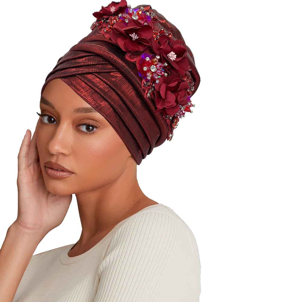 Gold Color Turban Cap for Women Diamonds Flower African Female Head Wraps Bonnet Nigeria Autogele Headtie