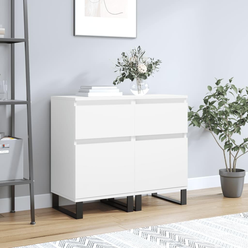 Credenze 2 Pezzi Bianche in Legno Multistrato 40x35x70 cm con Gambe in Ferro, Ampio Spazio Portaoggetti per Oggetti Decorativi e Oggetti di Uso Quotidiano, Design Senza Tempo