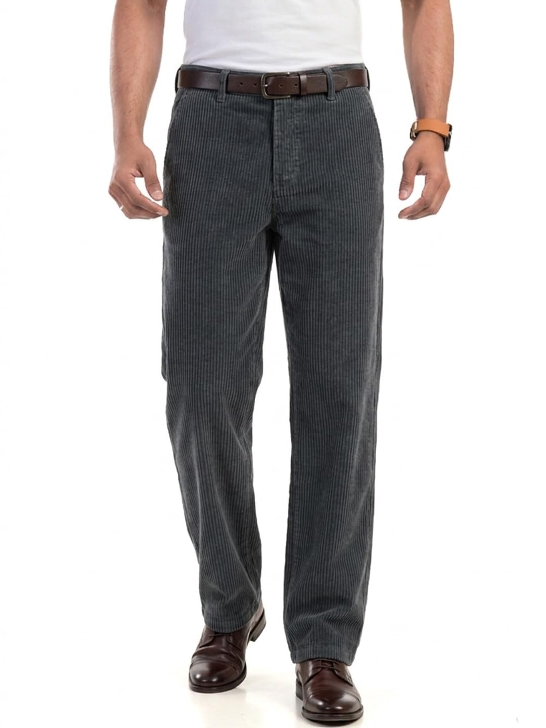 Men's Corduroy Relaxed Fit Dark Grey Chino Trousers-image-2