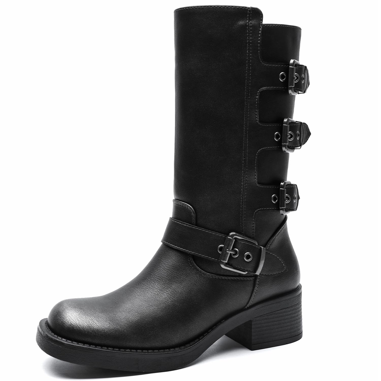 GLOBALWIN Women's Motorcycle Boots Fall Fashion Mid Calf Boots For Women Square Toe Low Heel