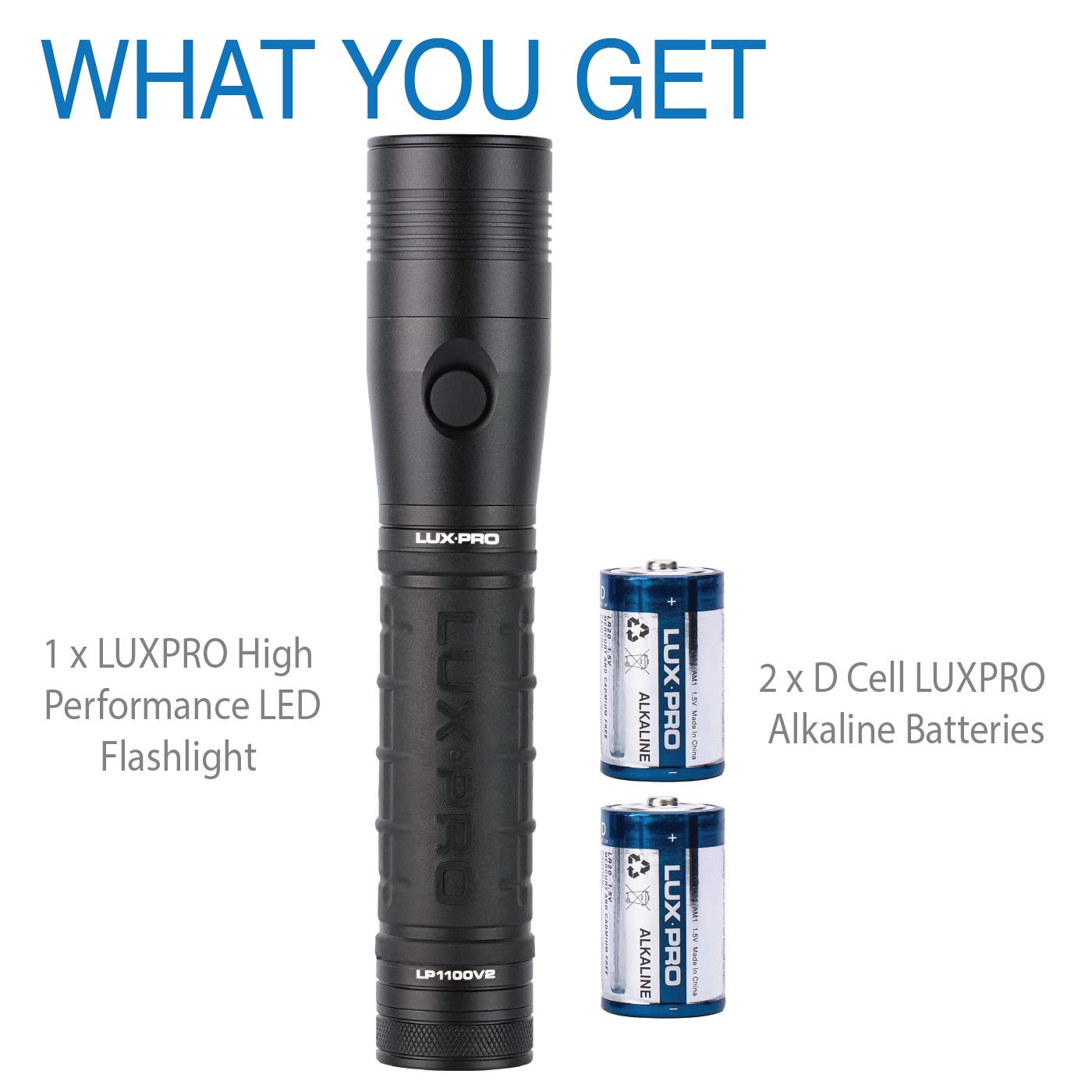 Torcia LED LuxPro LP1100V2 360 Lumen &ndash; Manico Antiscivolo, Impermeabile IPX6, 2 Batterie D Incluse, Potente E Compatta