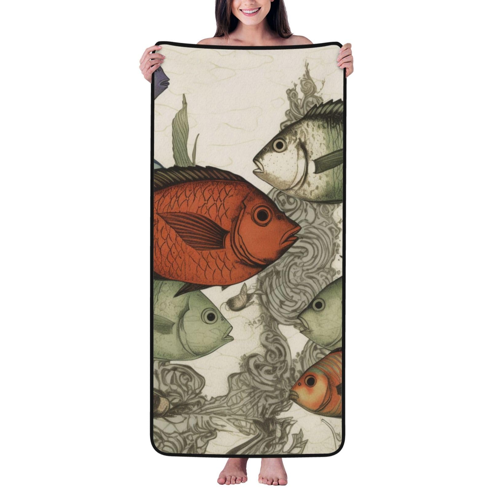 WPKJU Fish Printed Bath Towel with Black Edging - 27x55 in Soft Extra Absorbent Coral Velvet Shower Towels for Bathroom
