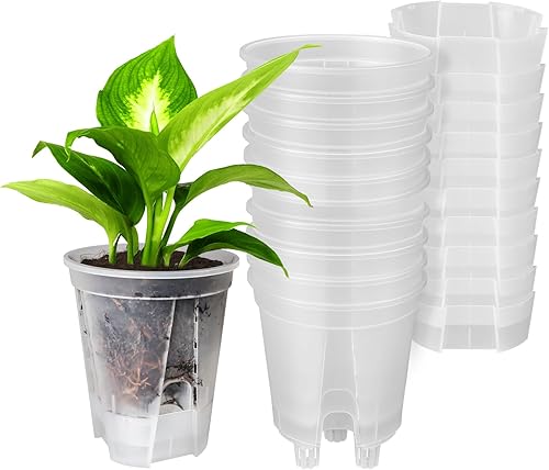 GREENPARA Macetas de jardín de plástico transparente de 6 pulgadas, paquete de 5 macetas grandes de plástico con depósito profundo y agujeros de