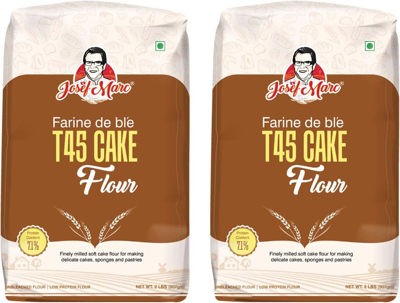 JOSEF MARC T45 Cake Flour, 2 Lbs (907Gm) - Unbleached & Low Protein Flour, All Purpose Cake Flour (Pack Of 2) Unbleached Baking Flour & Low Protein Baking Flour