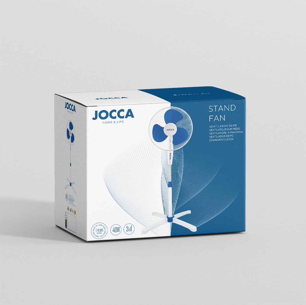 Jocca - Ventilatore da terra 40W| 3 velocità | Testa reclinabile con oscillazione di 90º | Diametro 40 cm | Altezza regolabile | 3 lame | Silenzioso