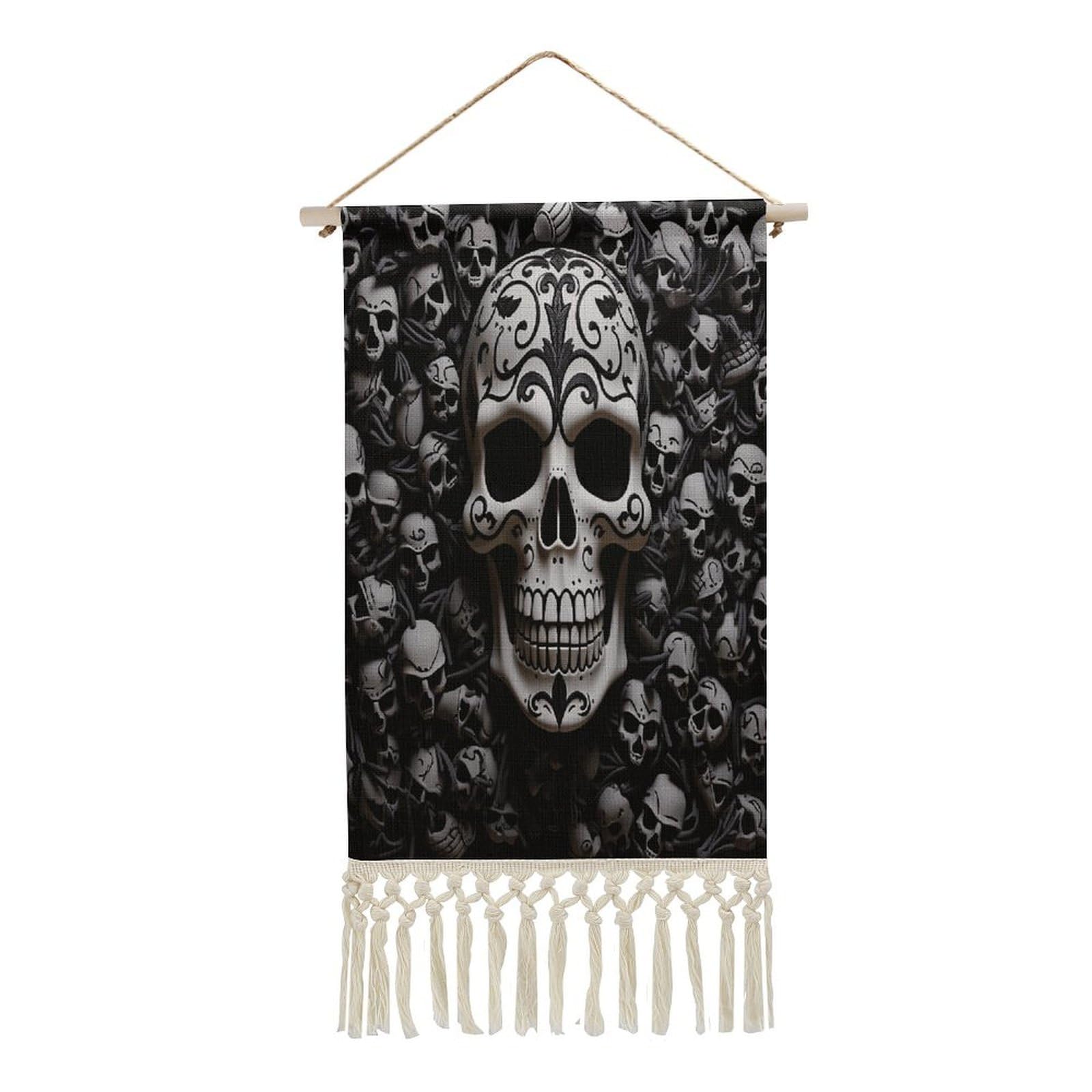 FekiLoot Black And White Skulls Wall Art Poster Hanger Frame Vertical Tassel Tapestry Cotton Linen Hanging Poster Decorative Wall Art Prints Vintage Wall Art Decor for Home Bedroom Living Room Office
