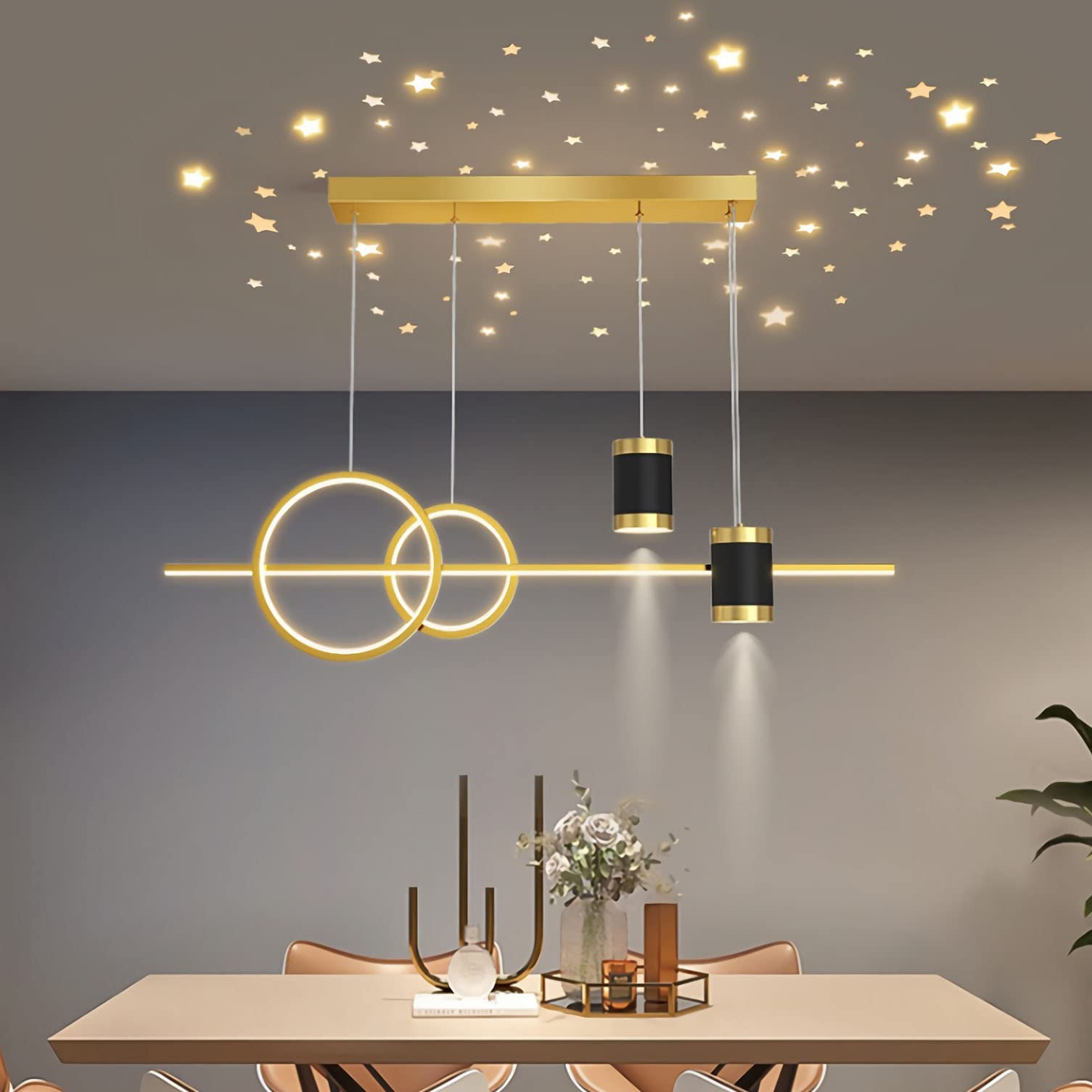 Modern LED Pendant Lamp Dining Table, Living Room Ceiling Lamp Chandelier Bedroom Height Adjustable Hanging Lamp Ring Design Hanging Lamp for Kitchen Office Study Pendant Lamp (Gold) [Energy Class A++]