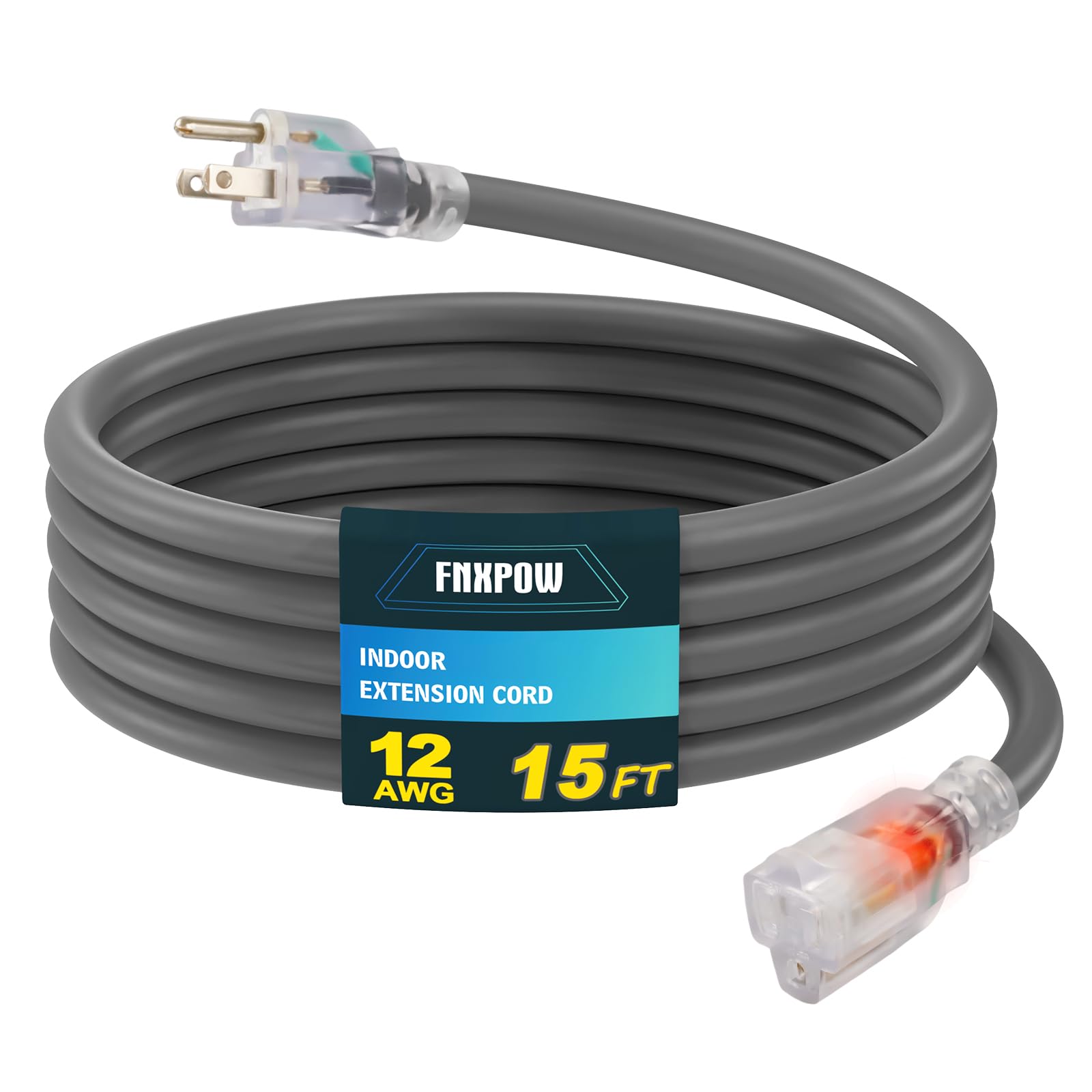 FNXPOW Indoor Outdoor Extension Cord, 12 Gauge 3 Prong Weatherproof Heavy Duty Gray Extension Cord with Lighted Indicator End, SJTW 15A 15FT Extension