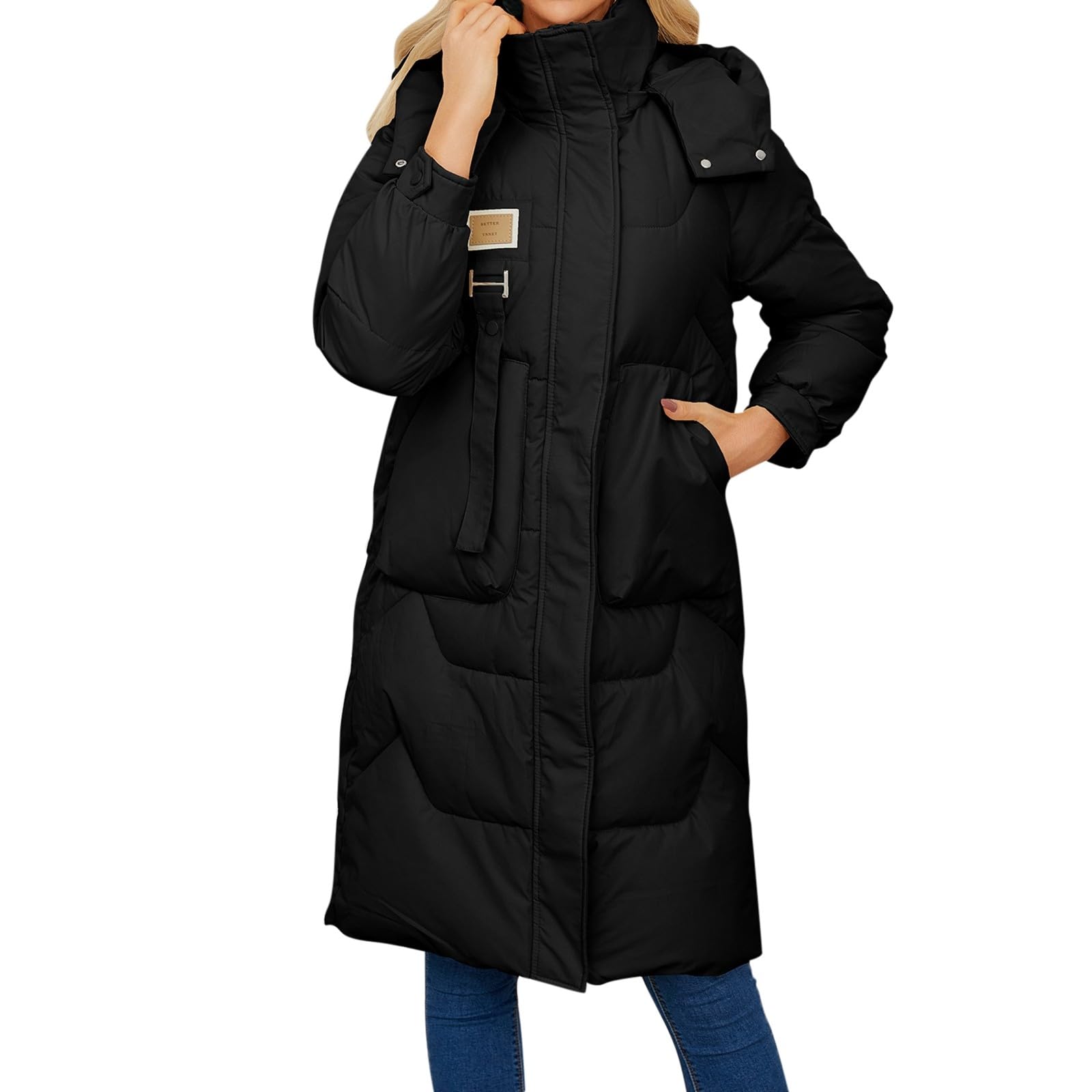 Abrigo de plumas para mujer, largo de invierno, grueso, abrigo de invierno, cálido, con capucha, chaqueta de plumón, cómoda chaqueta amortiguadora, cuello alto, abrigo largo acolchado, ligero