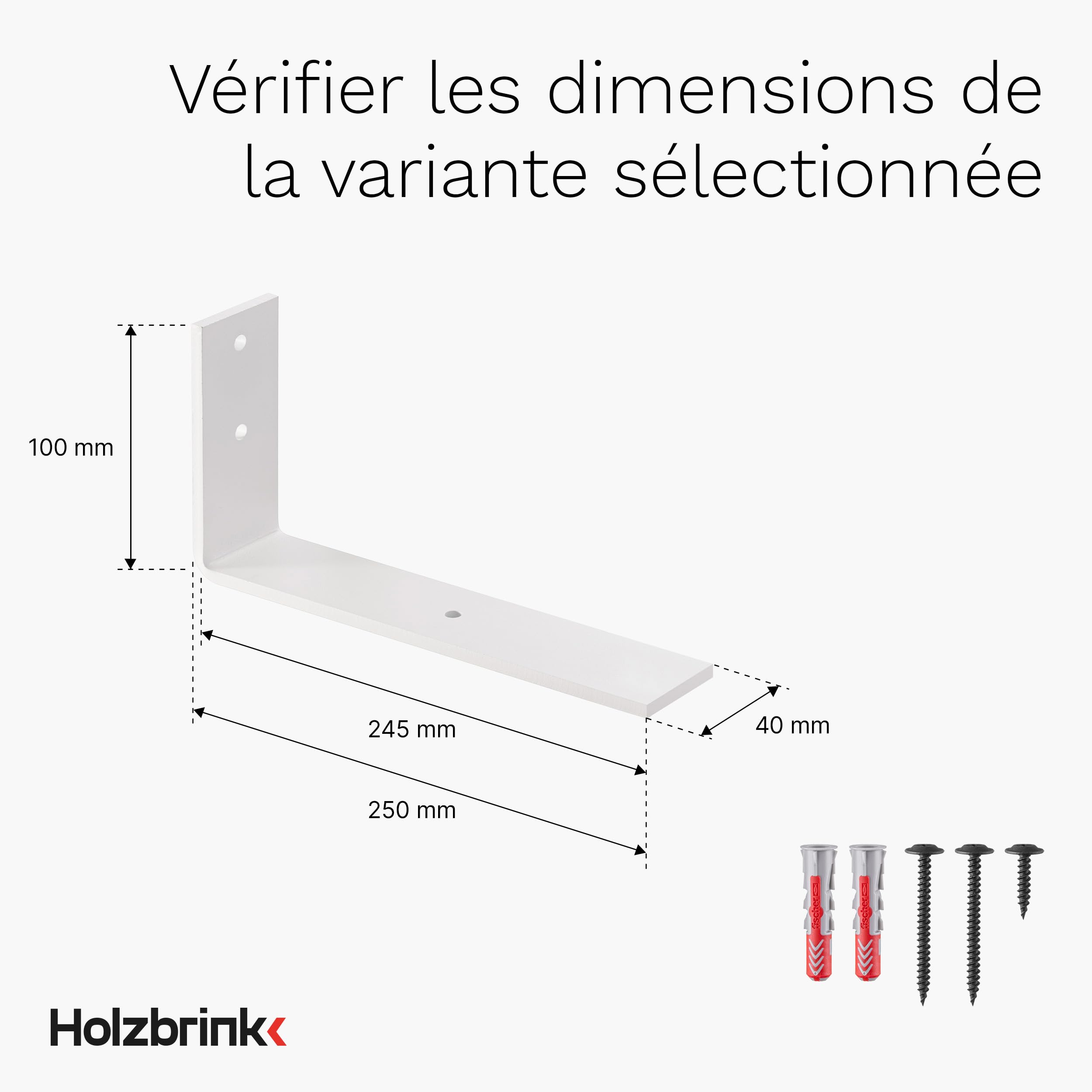 HOLZBRINK support d'étagère métallique, support d'étagère murale, étagère de bricolage, Blanc 250x100x40 mm, 4 pièces, HLR-L-250-9016