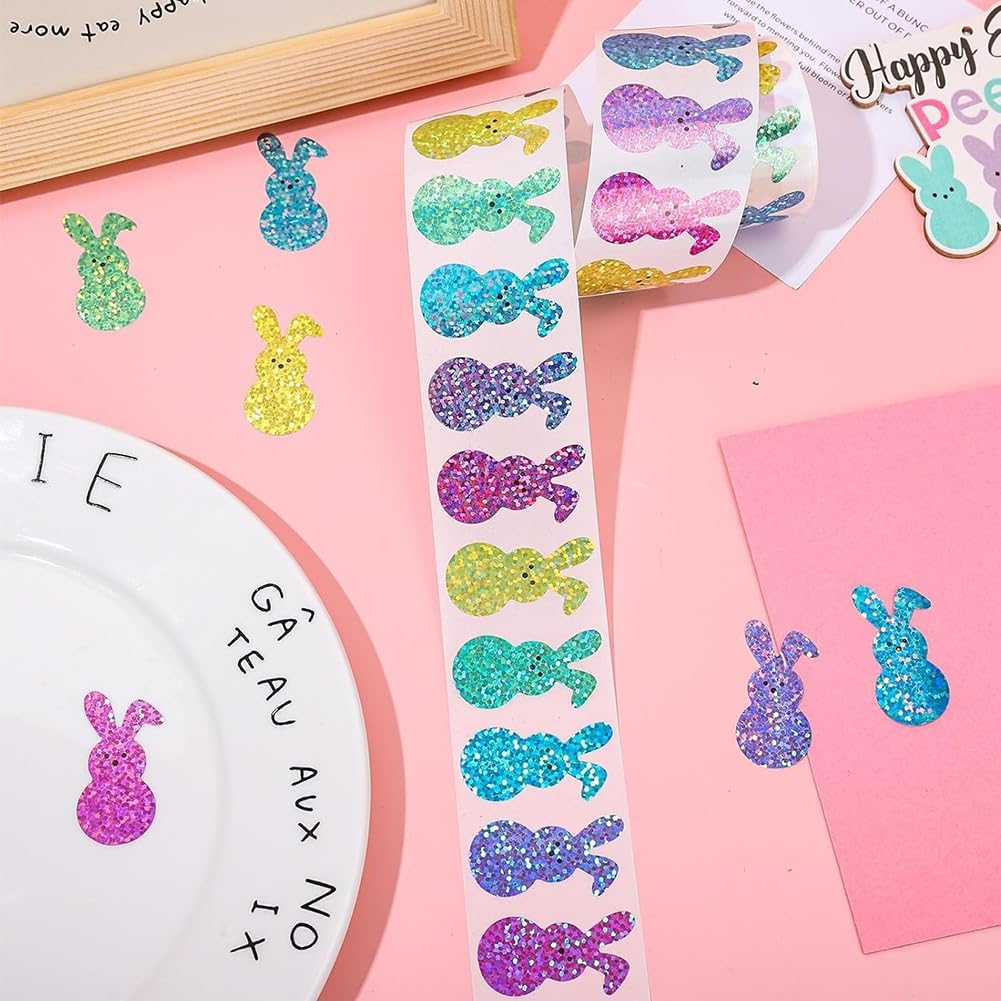 500PCS Easter Stickers Roll 8 Colors Spring Easter Bunny Stickers 1.5in Holographic Self-Adhesive Decorative Label Egg Rabbit Sticker for Envelopes Scrapbook Gift Holiday Party Decorations