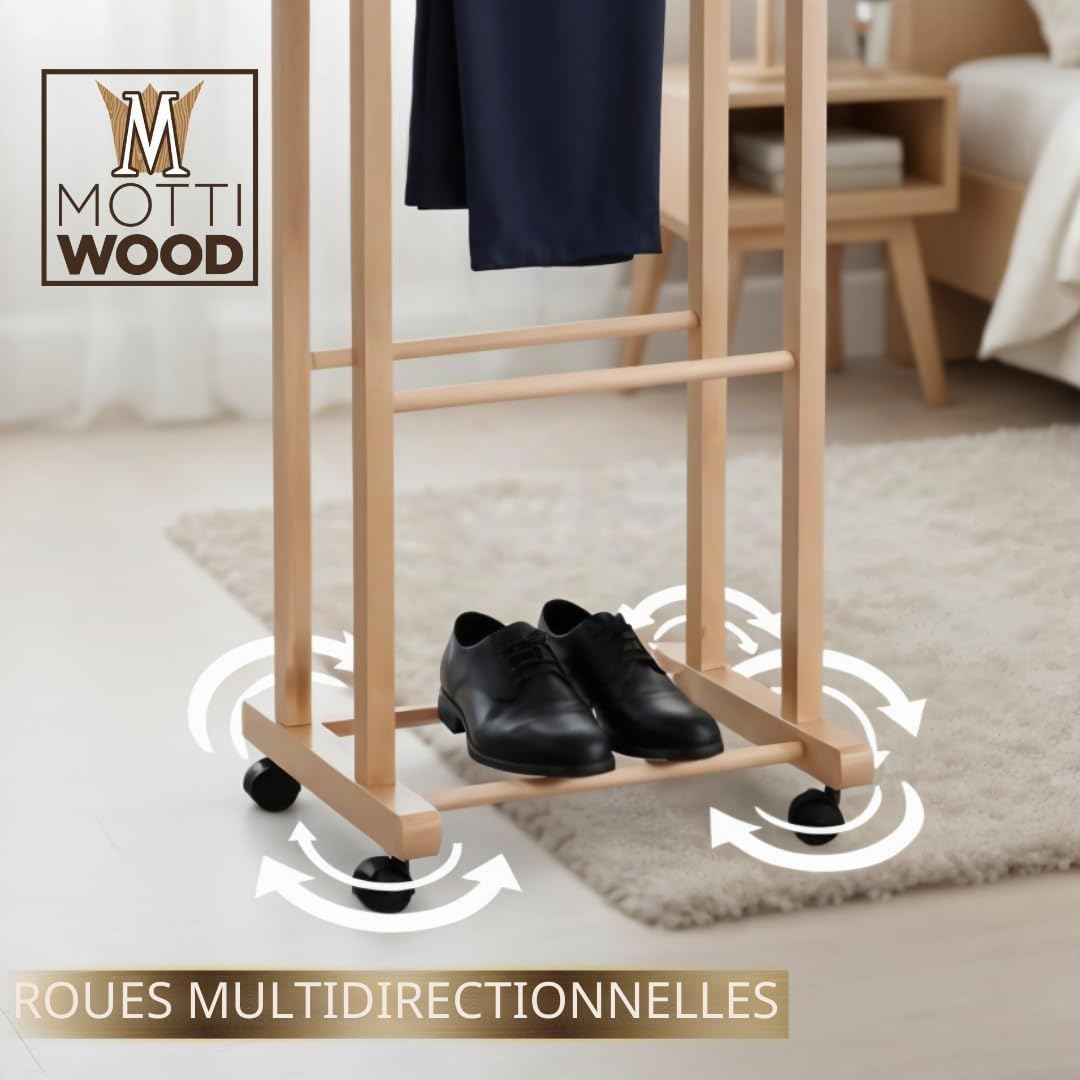 Mottiwood Portemanteau de chambre, l'original, porte-manteau de chambre en bois hêtre naturel, servo muet double avec 4 roues, fabriqué en Italie