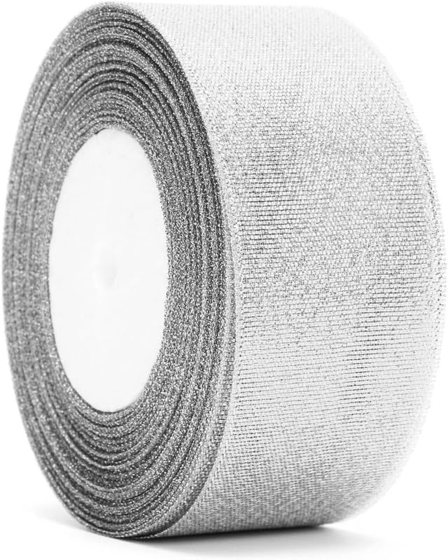 Elegant Event Essentials - 25mm x 20m - 5 Rolls - Christmas Glitter Satin Ribbon - for Gift Wrapping, Hair Bow, Trimming, Sewing Wedding or Birthday, Craft Decoration Ribbon - Silver
