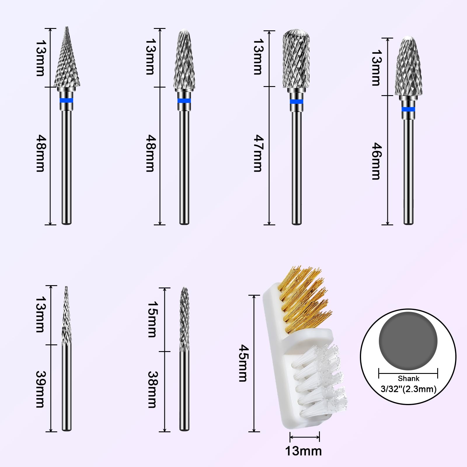 CGBE Punte Fresa Unghie, 6 Pezzi Fresa per Unghie Allegati Teste di Rettifica Macchina in Carburo per Manicure Rimuovere Acrilico o Gel duro Polygel, 3/32 Pollici Punte Fresa Unghie Professionale.