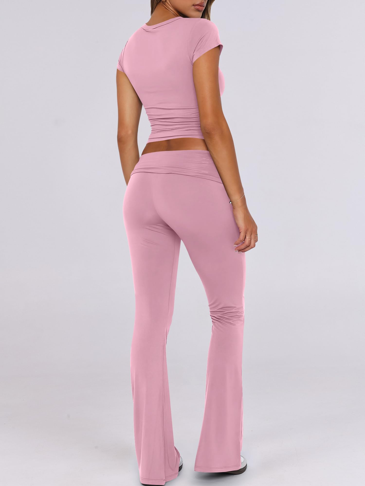 ANRABESS Lounge Sets for Women 2 Piece Foldover Yoga Flare Leggings Pants Crop Tops Casual Y2K Outfits Matching Tracksuit Set: Medium Pink