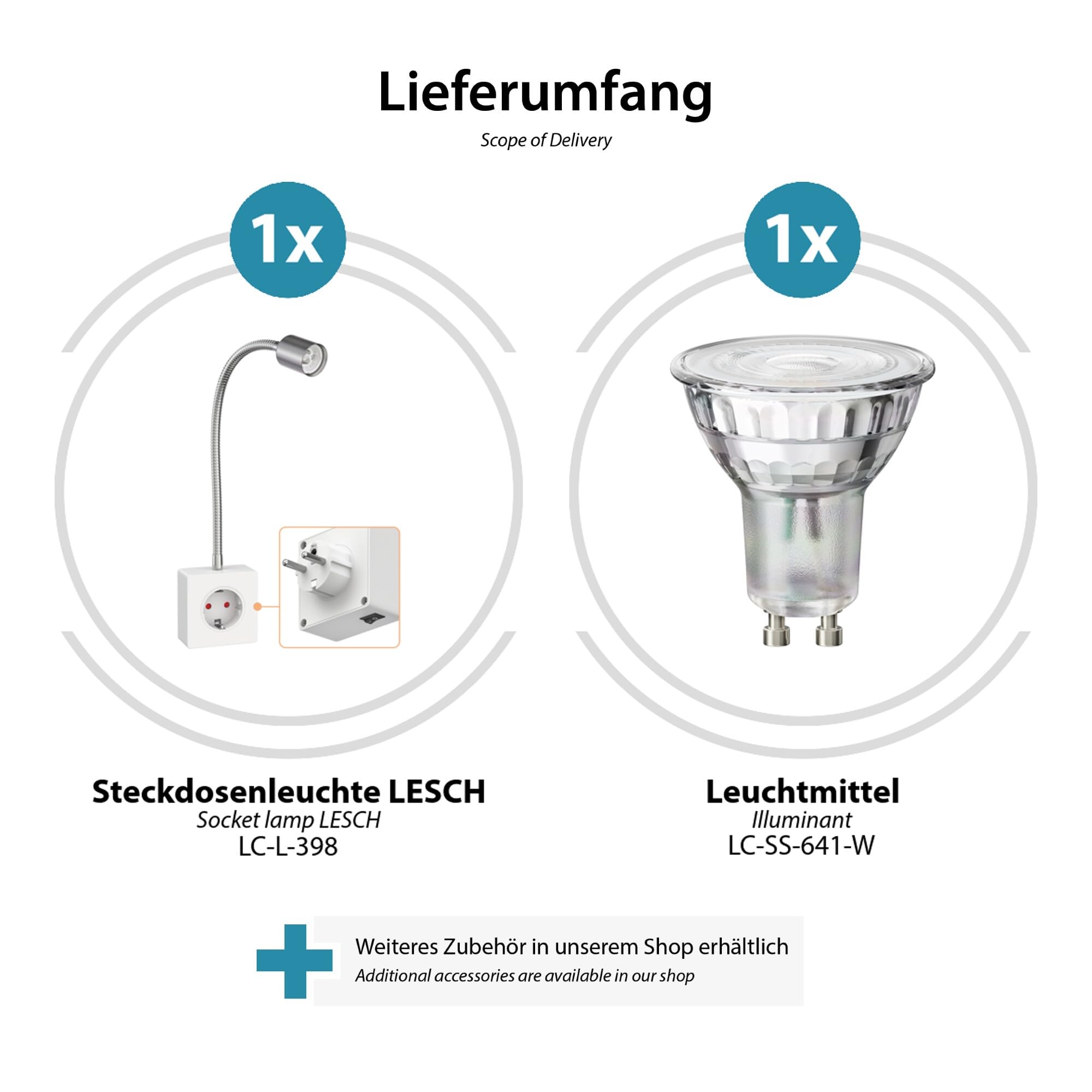 ledscom.de Lámpara de lectura LESCH con 2 enchufes, cromada/blanca, incluye bombilla LED GU10 de 5,3 W, 504 lm, 44°, luz blanca