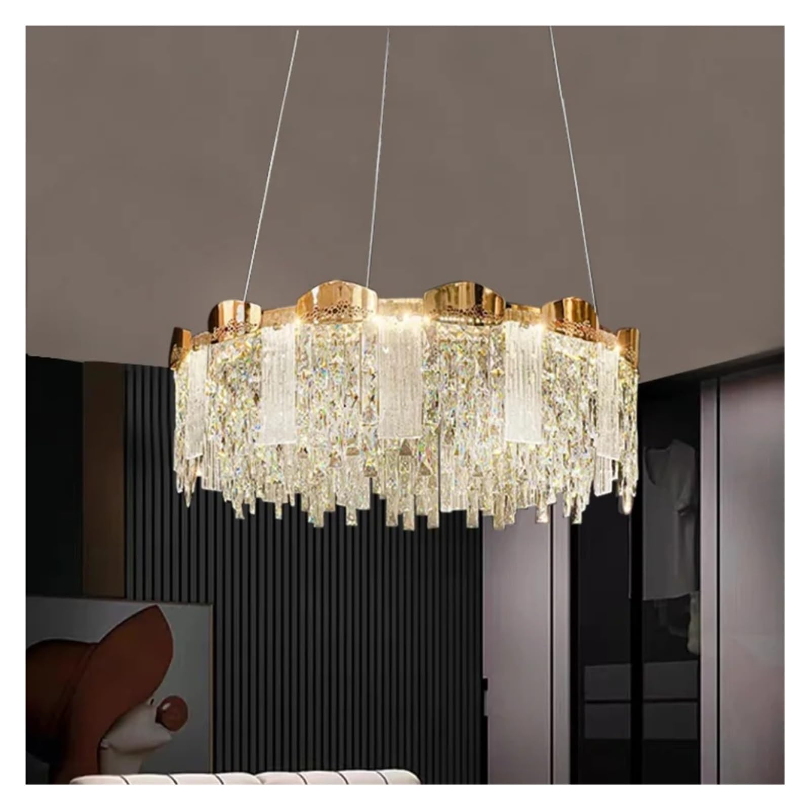 Modern Living Room Crystal Round Ceiling Chandelier Luxury Glossy Remote Control Dimmable LED Lights Luxury Chandelier