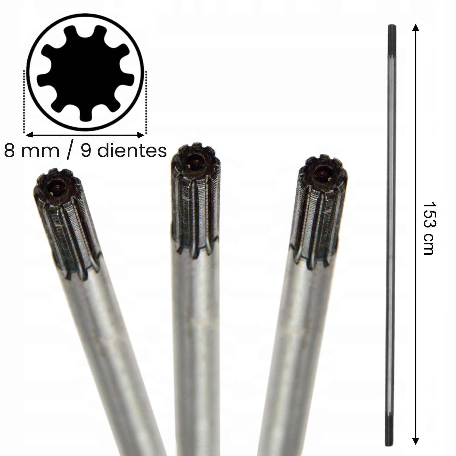 Barra de transmisión y tubo | Longitud: 153 cm / 150 cm | Diámetro: 8 mm / 28 mm | 9 dientes | Acero | Pieza de repuesto
