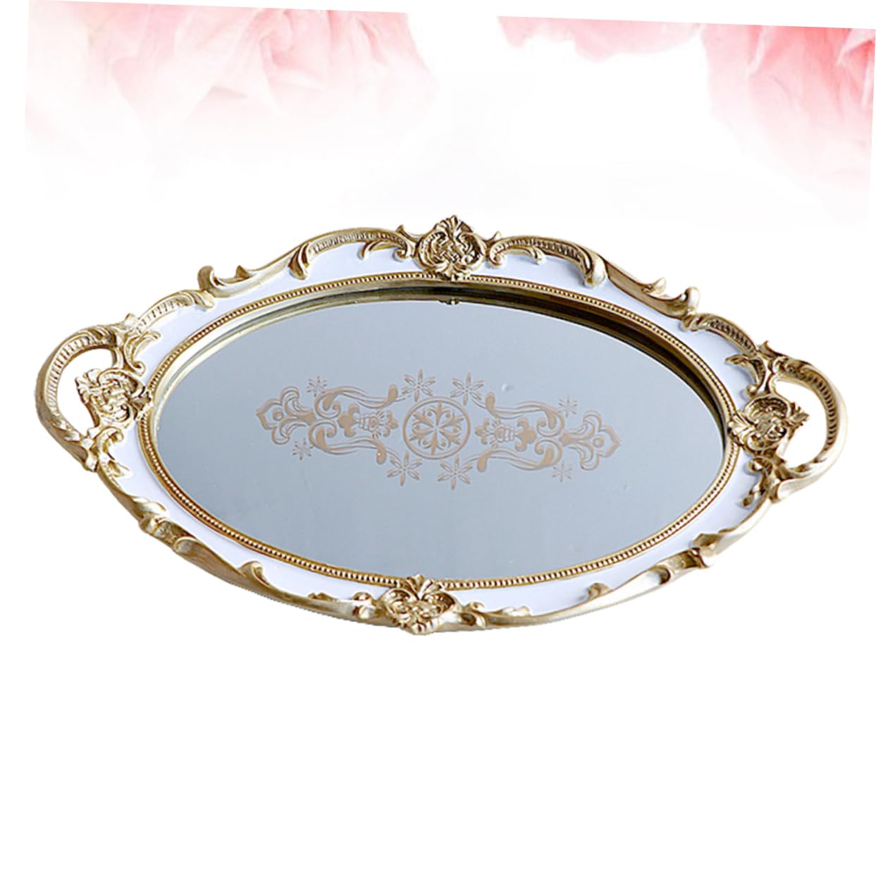 Cabilock Vassoio Decorativo Oval Storage Tray Resina Con Superficie Specchiata Porta Gioielli e Accessori Per Casa Design Floreale Bianco
