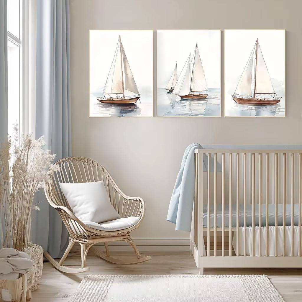 XIANGPEIFBH Watercolor Sailboat Print Set Coastal Nautical Wall Art Canvas Poster Prints Home Bedroom Living Room Decoration Room((42x60cm/17x24in) x3/Unframed)