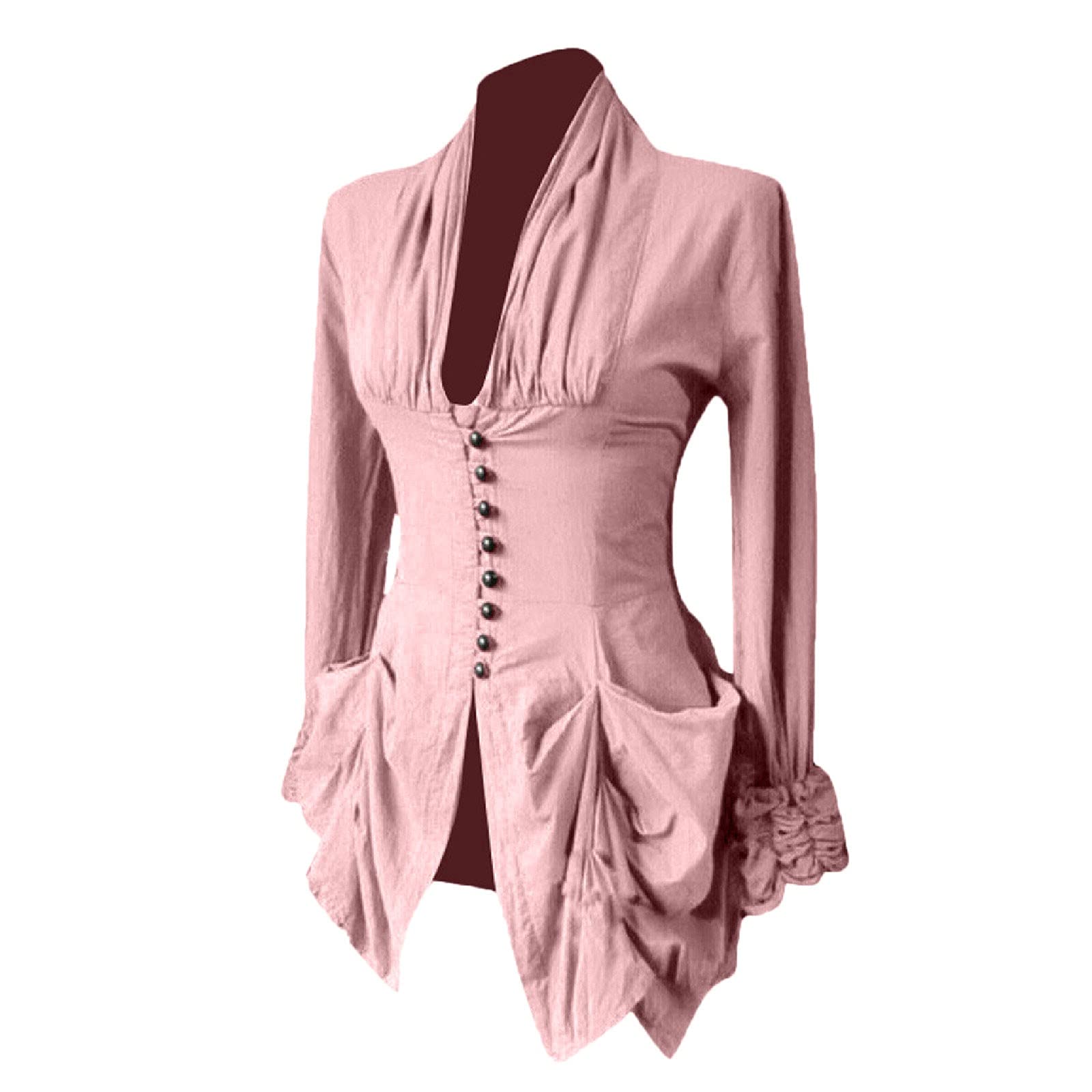 Rkaixuni Women's Pink Victorian Renaissance Blouse Medieval Pirate Costume Vintage Lotus Ruffle Long Sleeve Shirt Peasant Tops