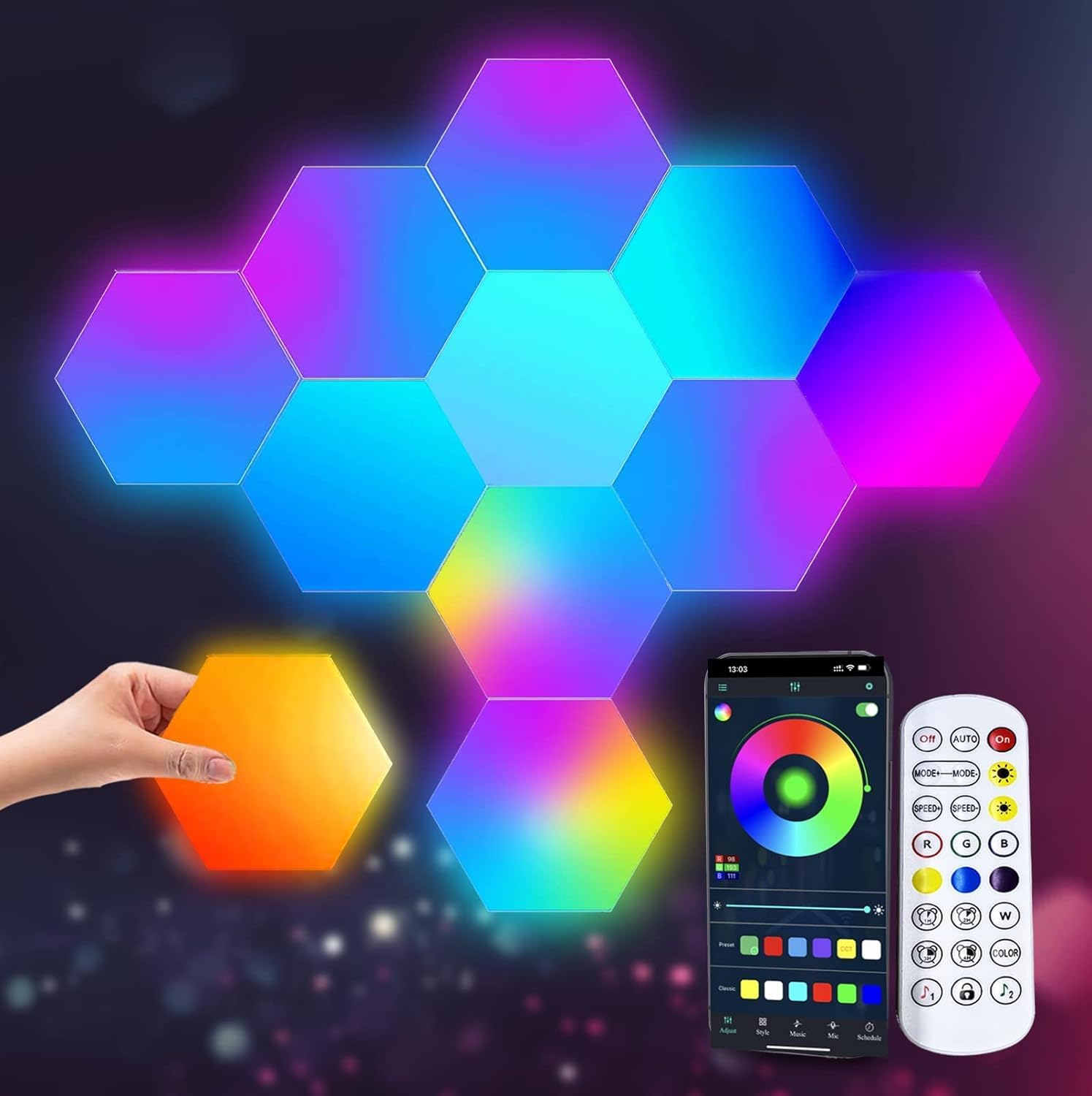 Nova Hexagon Lights with Remote/App Music Sync Smart LED Wall Panels RGB-IC Gaming Lights Honeycomb Night Wall Lightning DIY Geometry Splicing Module for Gaming Setup/Home Bar Party Decor, 6 Pack