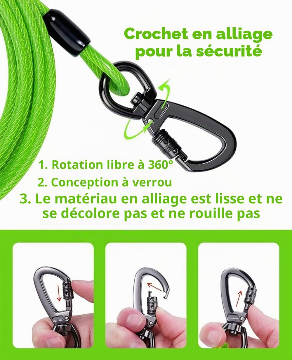 Câble d'attache robuste de 18,3 m - Système de chariot pour chiens de taille moyenne et camping - Grand câble de course pour chiens pesant jusqu'à 113,4 kg