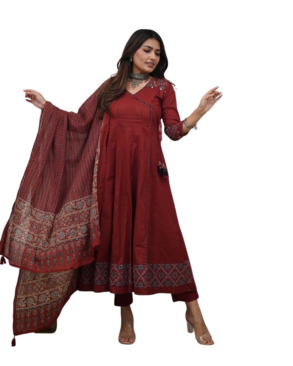 मेरी laadli Women’s Cotton Angrakha Style Kurta Pant Dupatta Set | Printed Flared Kurta with Katha Work | Traditional Ethnic Wear (Mahroon)-picture-29