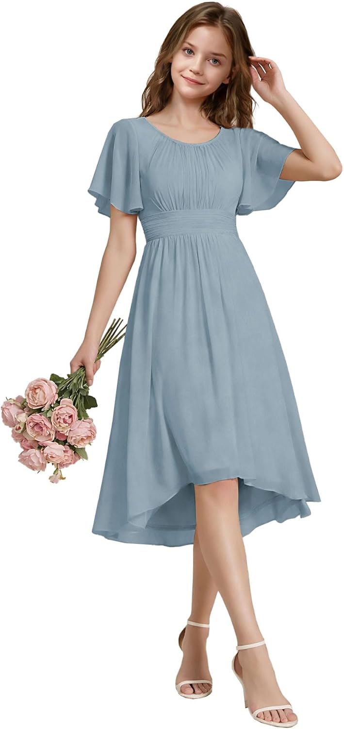 Short Sleeve Junior Bridesmaid Dresses Chiffon Flower Girl Dress Crew Neck Semi Formal Girls Wedding Guest Dresses
