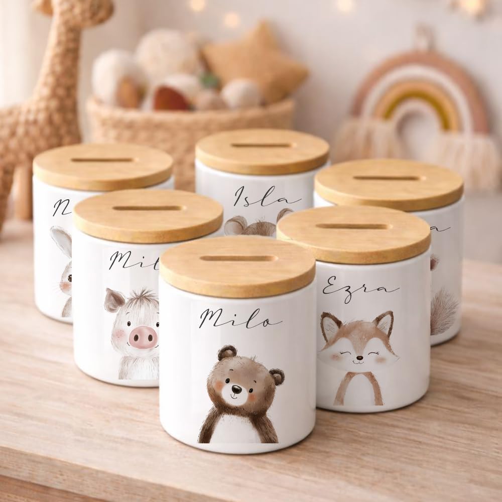 Manufaktur Liebevoll - Personalisierte Spardose für Kinder aus Keramik mit Bambusdeckel Kinder Spardose mit Name Geschenk zur Geburt Taufe & Geburtstag (Eichhörnchen)