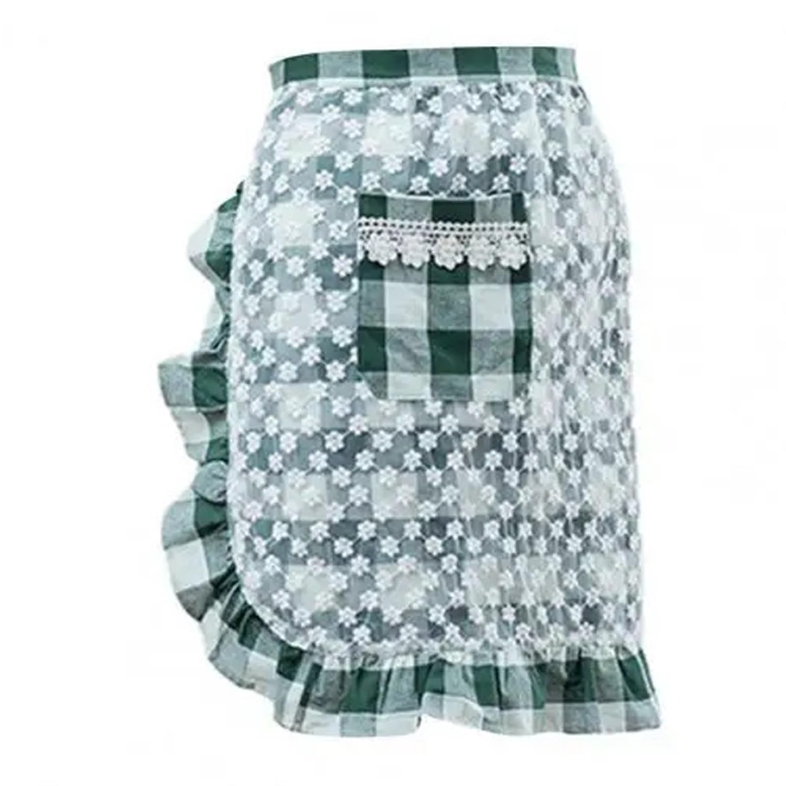 Küchen-Taillenschürze, Blumenstickerei, Baumwolle, gekräuselt, Kellnerschürze, Spitze, Backen, Kochschürze mit Tasche for Café Taillenschürze(Green)