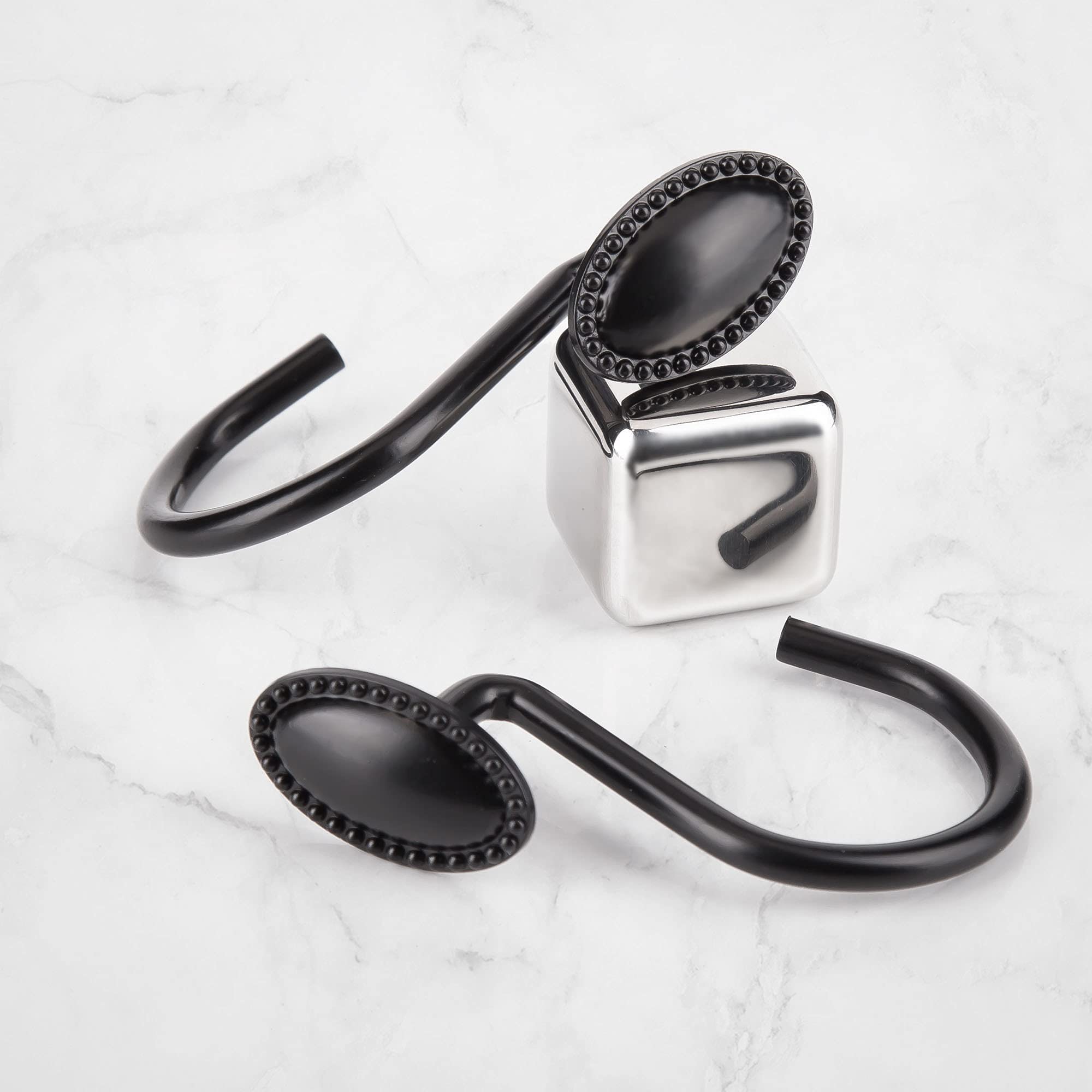 Lot de 12 Crochets de Rideau de Douche en Zinc résistant à la Rouille, décoratifs, Noir Mat, Taille Standard, adaptés pour tringles à Rideau de Douche Standard Droites ou incurvées