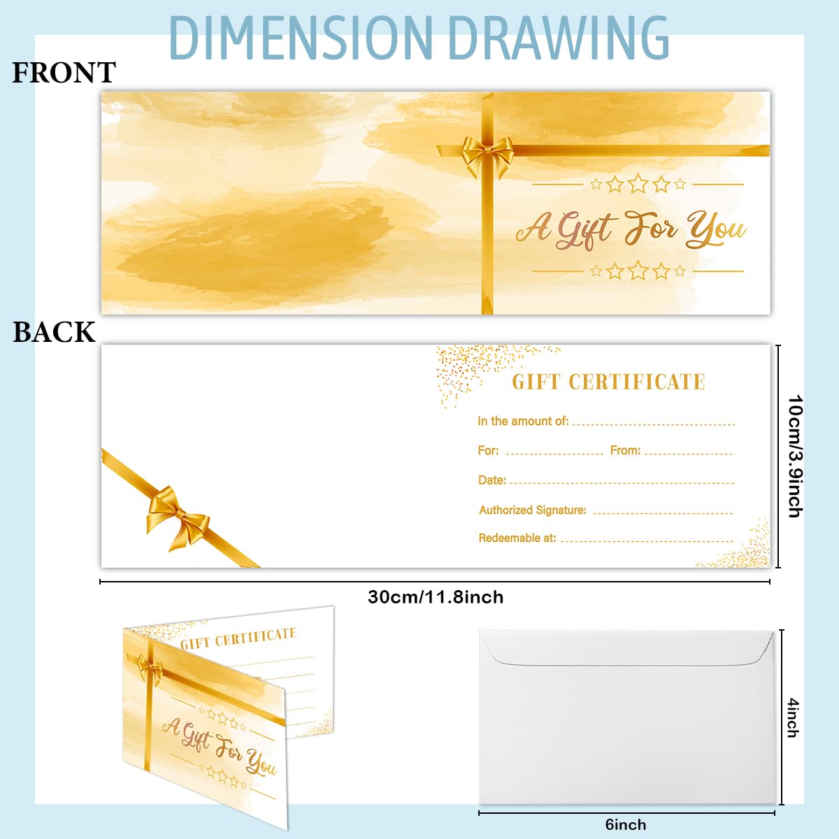 50 Sets Gift Certificates for Business, Blank Gift Cards Certificates with Envelopes for Salon Restaurants Spa Marriage Birthday Client Vouchers 11.8 x 3.9 Inch - Yellow