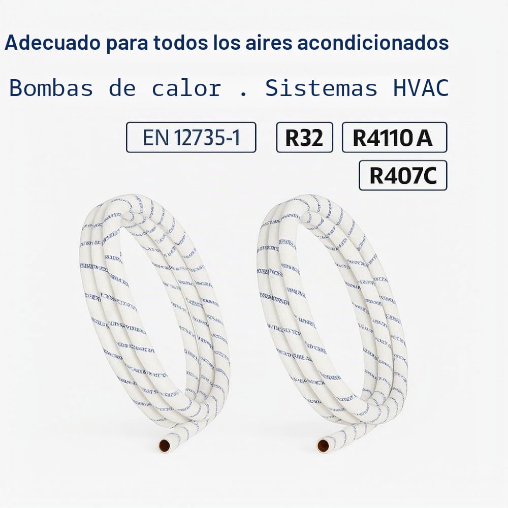 Kit de tubos de cobre para climatizador de 10 + 10 metros, 1/4" + 3/8", grosor de 0,8 mm, aislados, funda ignífuga, certificados EN 12735-1, para aire acondicionado Split R32, R410A, R407C, sin