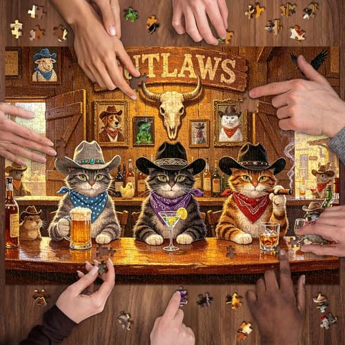 Vintage Saloon Cats Puzzles para adultos 1000 piezas, divertido rompecabezas de gato vaquero del oeste, escena de bar del viejo oeste, tema desafiante para amantes de gatos miniatura 6